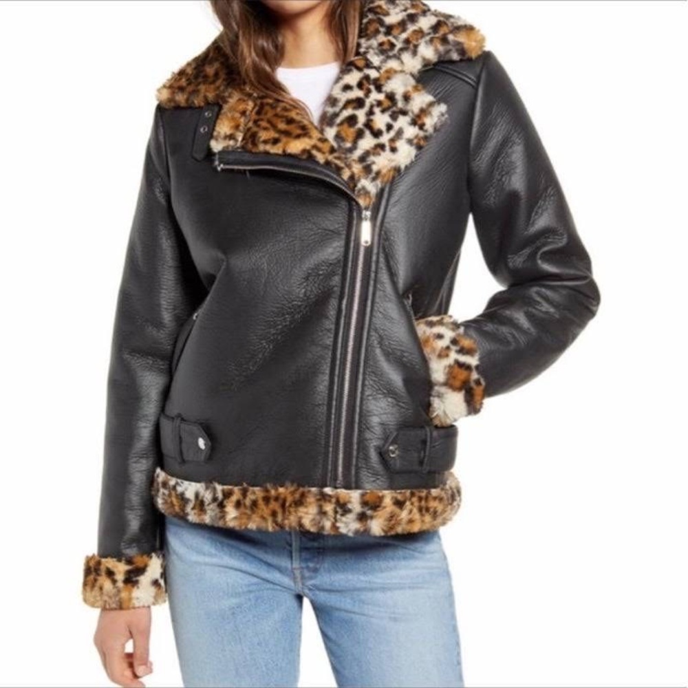 Sam Edelman Black Faux Leather Jacket with Leopard Trim